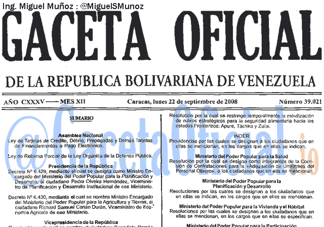 Gaceta Oficial 39021 del 22 Septiembre 2008