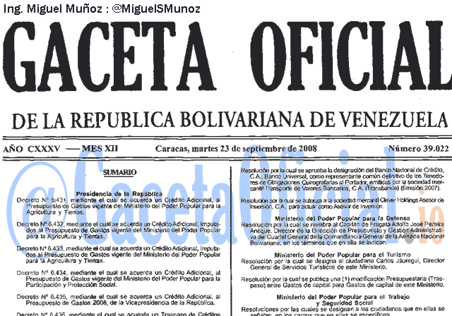 Gaceta Oficial 39022 del 23 Septiembre 2008