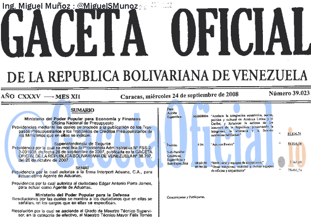 Gaceta Oficial 39023 del 24 Septiembre 2008