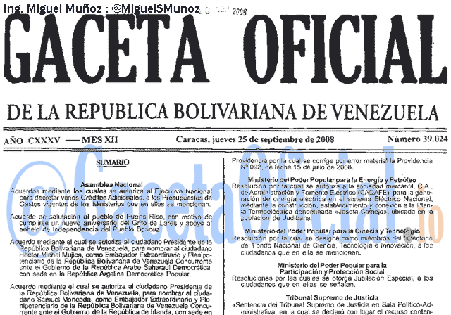 Gaceta Oficial 39024 del 25 Septiembre 2008