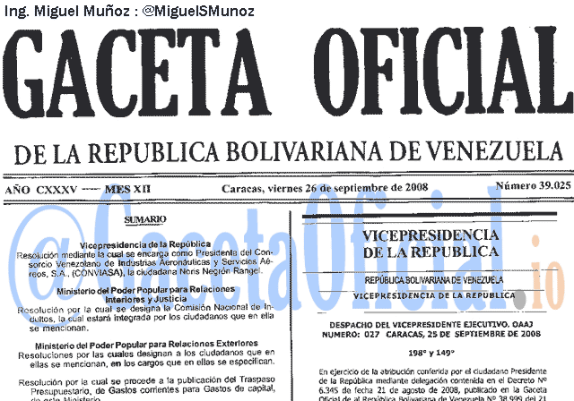 Gaceta Oficial 39025 del 26 Septiembre 2008