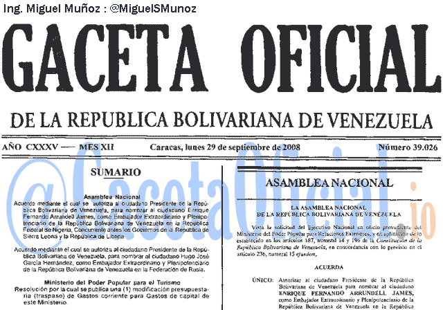 Gaceta Oficial 39026 del 29 Septiembre 2008