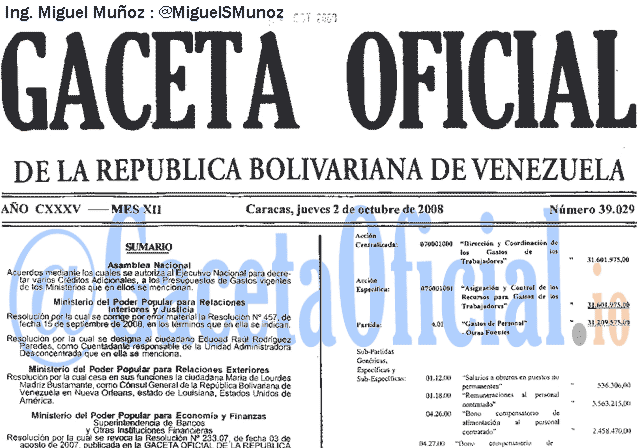 Gaceta Oficial 39029 del 2 Octubre 2008