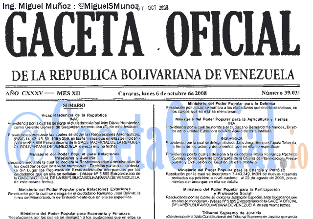 Gaceta Oficial 39031 del 6 Octubre 2008