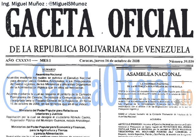 Gaceta Oficial 39039 del 16 Octubre 2008