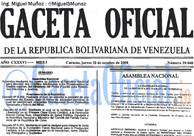 Gaceta Oficial 39048 del 30 Octubre 2008