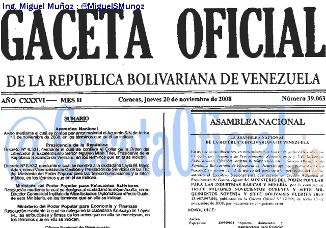 Gaceta Oficial 39063 del 20 Noviembre 2008