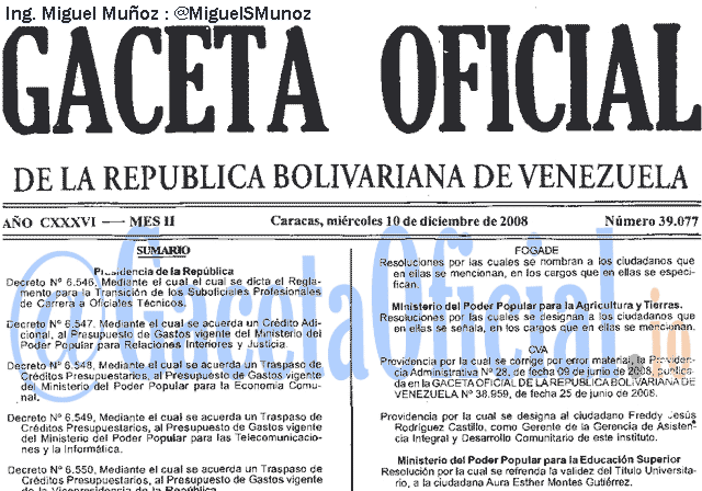 Gaceta Oficial 39077 del 10 Diciembre 2008