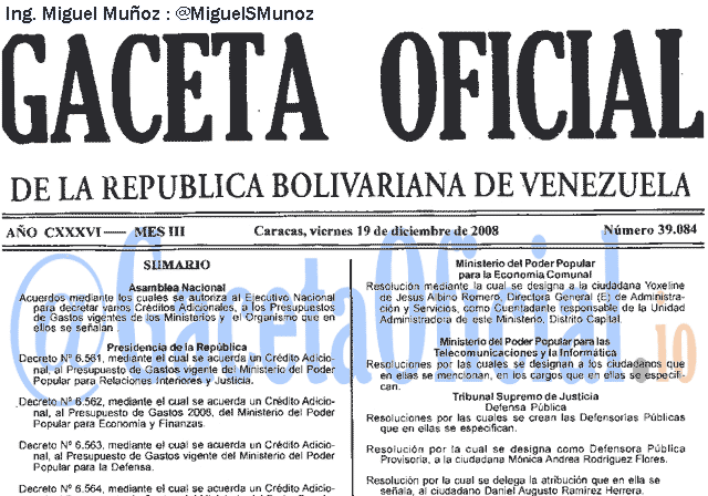 Gaceta Oficial 39084 del 19 Diciembre 2008