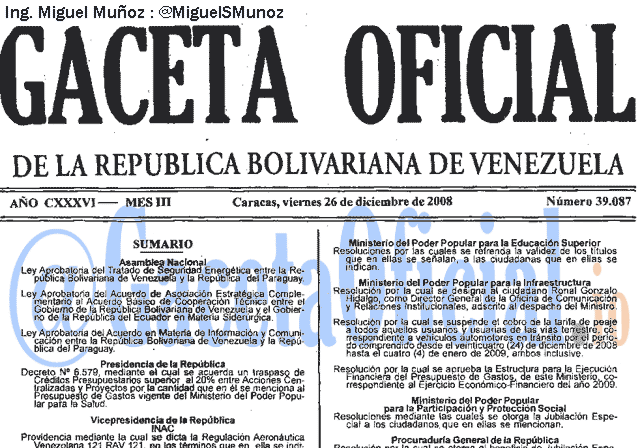 Gaceta Oficial 39087 del 26 Diciembre 2008