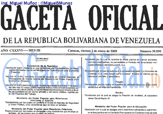 Gaceta Oficial 39090 del 2 Enero 2009