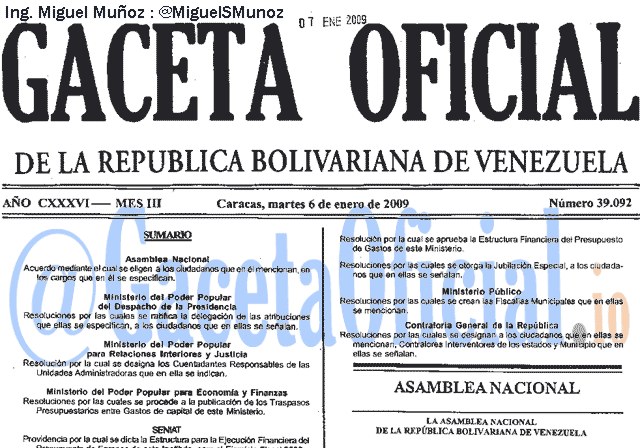 Gaceta Oficial 39092 del 6 Enero 2009