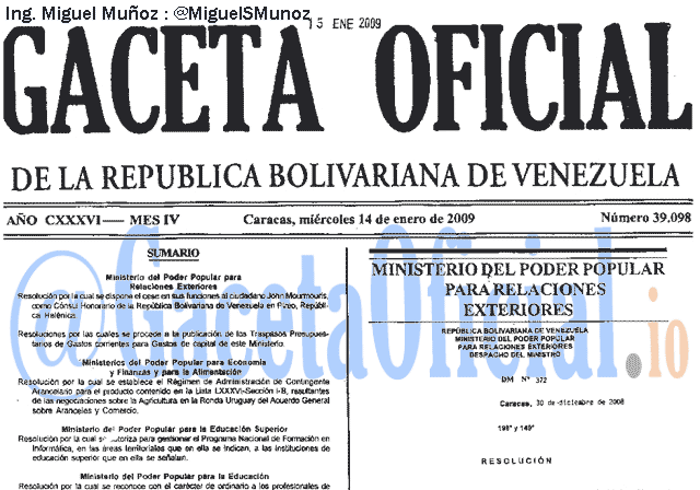 Gaceta Oficial 39098 del 14 Enero 2009