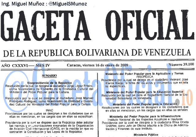 Gaceta Oficial 39100 del 16 Enero 2009