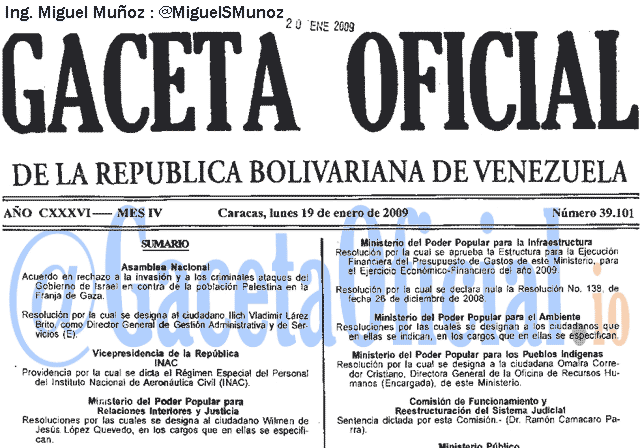Gaceta Oficial 39101 del 19 Enero 2009