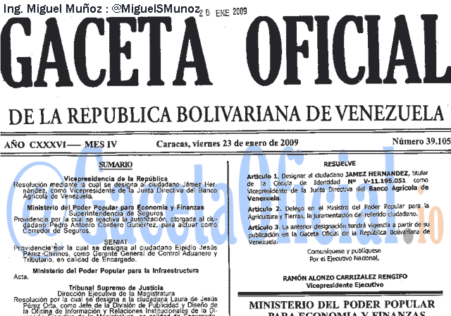 Gaceta Oficial 39105 del 23 Enero 2009
