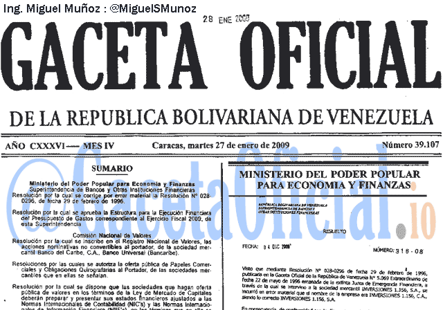 Gaceta Oficial 39107 del 27 Enero 2009