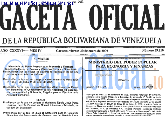Gaceta Oficial 39110 del 30 Enero 2009