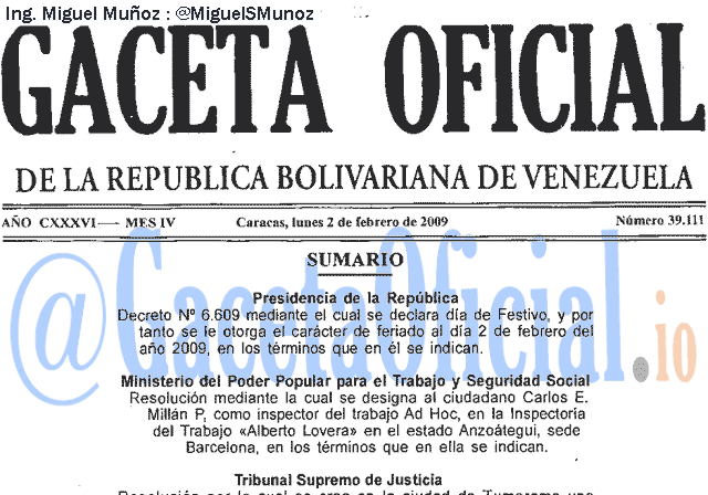 Gaceta Oficial 39111 del 2 Febrero 2009
