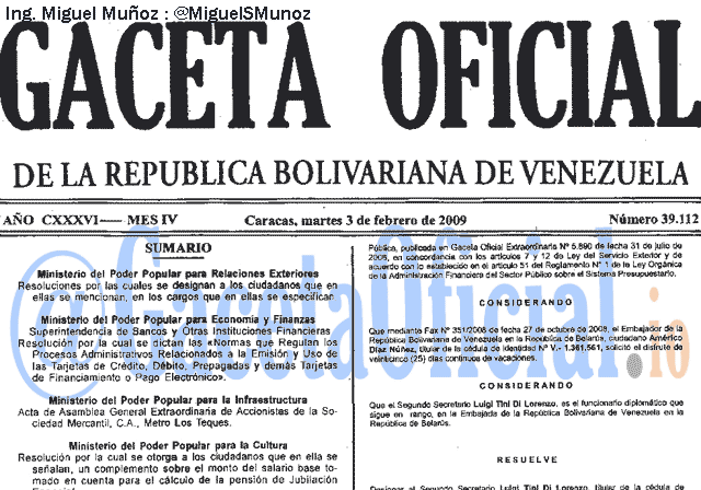 Gaceta Oficial 39112 del 3 Febrero 2009