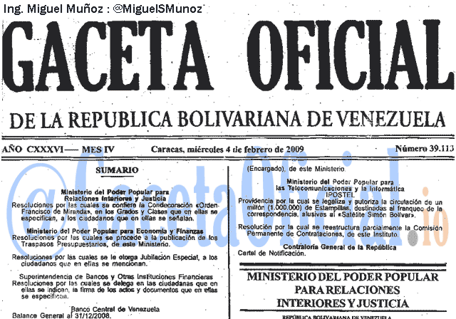 Gaceta Oficial 39113 del 4 Febrero 2009