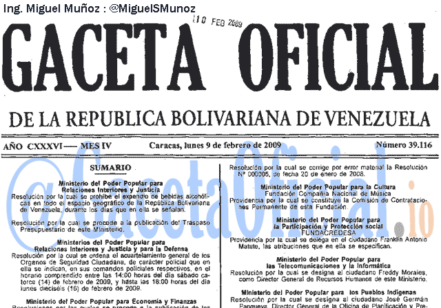 Gaceta Oficial 39116 del 9 Febrero 2009