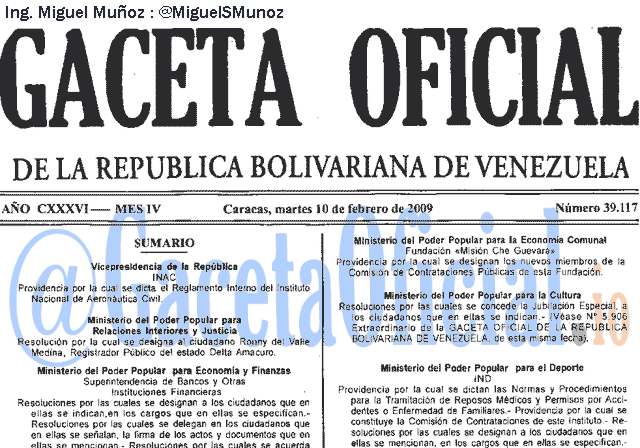 Gaceta Oficial 39117 del 10 Febrero 2009