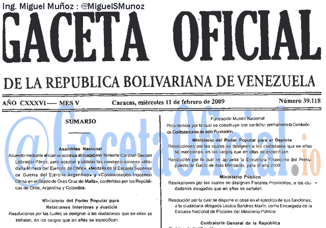 Gaceta Oficial 39118 del 11 Febrero 2009