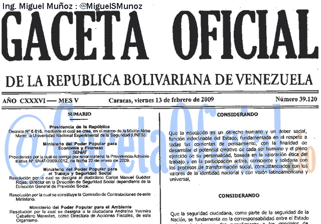 Gaceta Oficial 39120 del 13 Febrero 2009