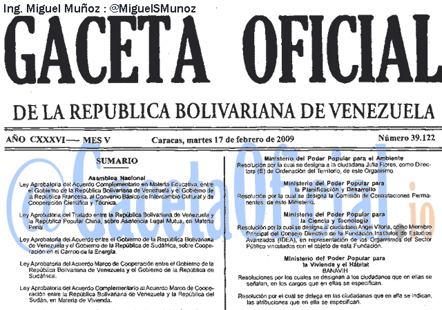 Gaceta Oficial 39122 del 17 Febrero 2009