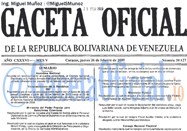 Gaceta Oficial 39127 del 26 Febrero 2009