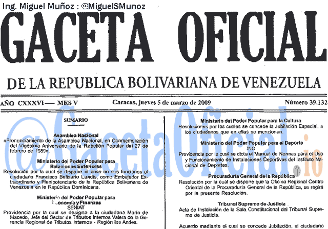 Gaceta Oficial 39132 del 5 Marzo 2009