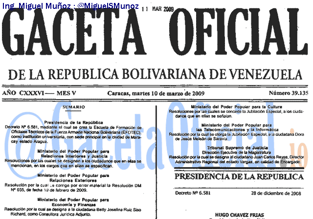 Gaceta Oficial 39135 del 10 Marzo 2009