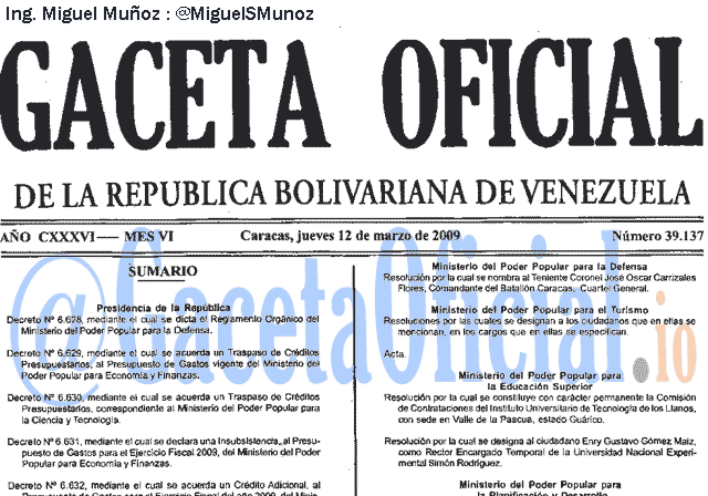 Gaceta Oficial 39137 del 12 Marzo 2009