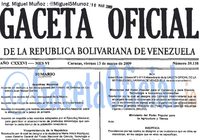 Gaceta Oficial 39138 del 13 Marzo 2009