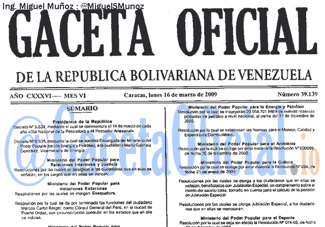 Gaceta Oficial 39139 del 16 Marzo 2009