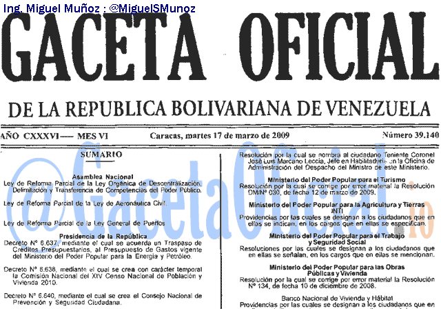Gaceta Oficial 39140 del 17 Marzo 2009