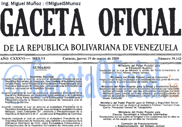 Gaceta Oficial 39142 del 19 Marzo 2009