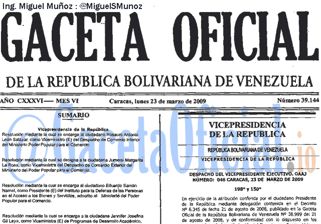 Gaceta Oficial 39144 del 23 Marzo 2009