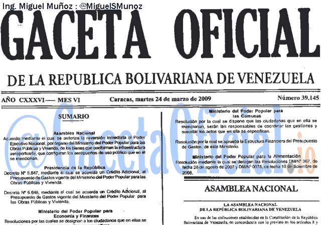Gaceta Oficial 39145 del 24 Marzo 2009