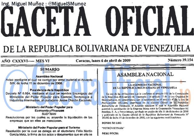 Gaceta Oficial 39154 del 6 Abril 2009