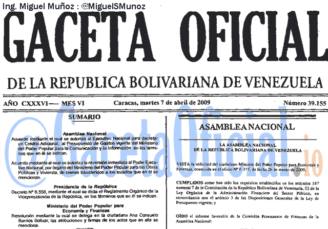 Gaceta Oficial 39155 del 7 Abril 2009