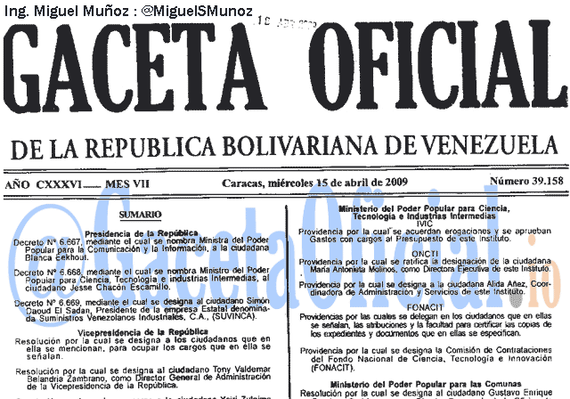Gaceta Oficial 39158 del 15 Abril 2009