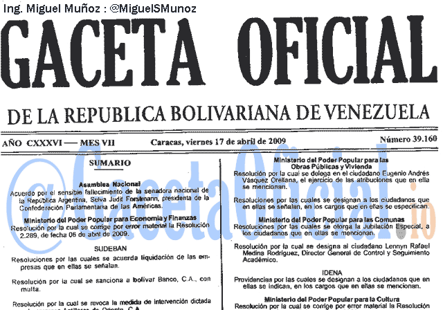 Gaceta Oficial 39160 del 17 Abril 2009