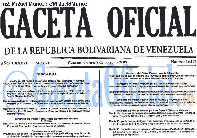 Gaceta Oficial 39174 del 8 Mayo 2009
