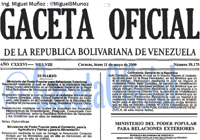 Gaceta Oficial 39175 del 11 Mayo 2009