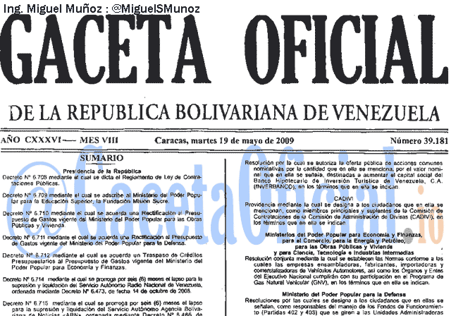 Gaceta Oficial 39181 del 19 Mayo 2009