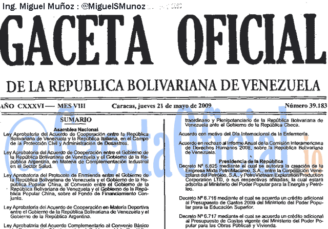 Gaceta Oficial 39183 del 21 Mayo 2009
