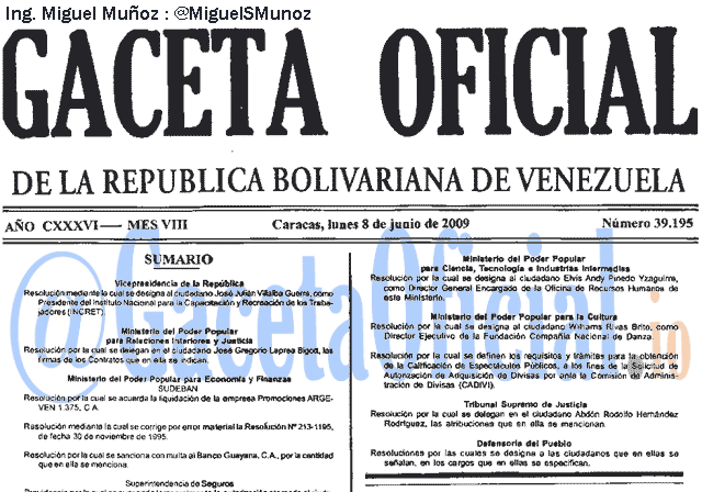 Gaceta Oficial 39195 del 8 Junio 2009