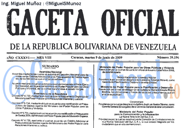 Gaceta Oficial 39196 del 9 Junio 2009